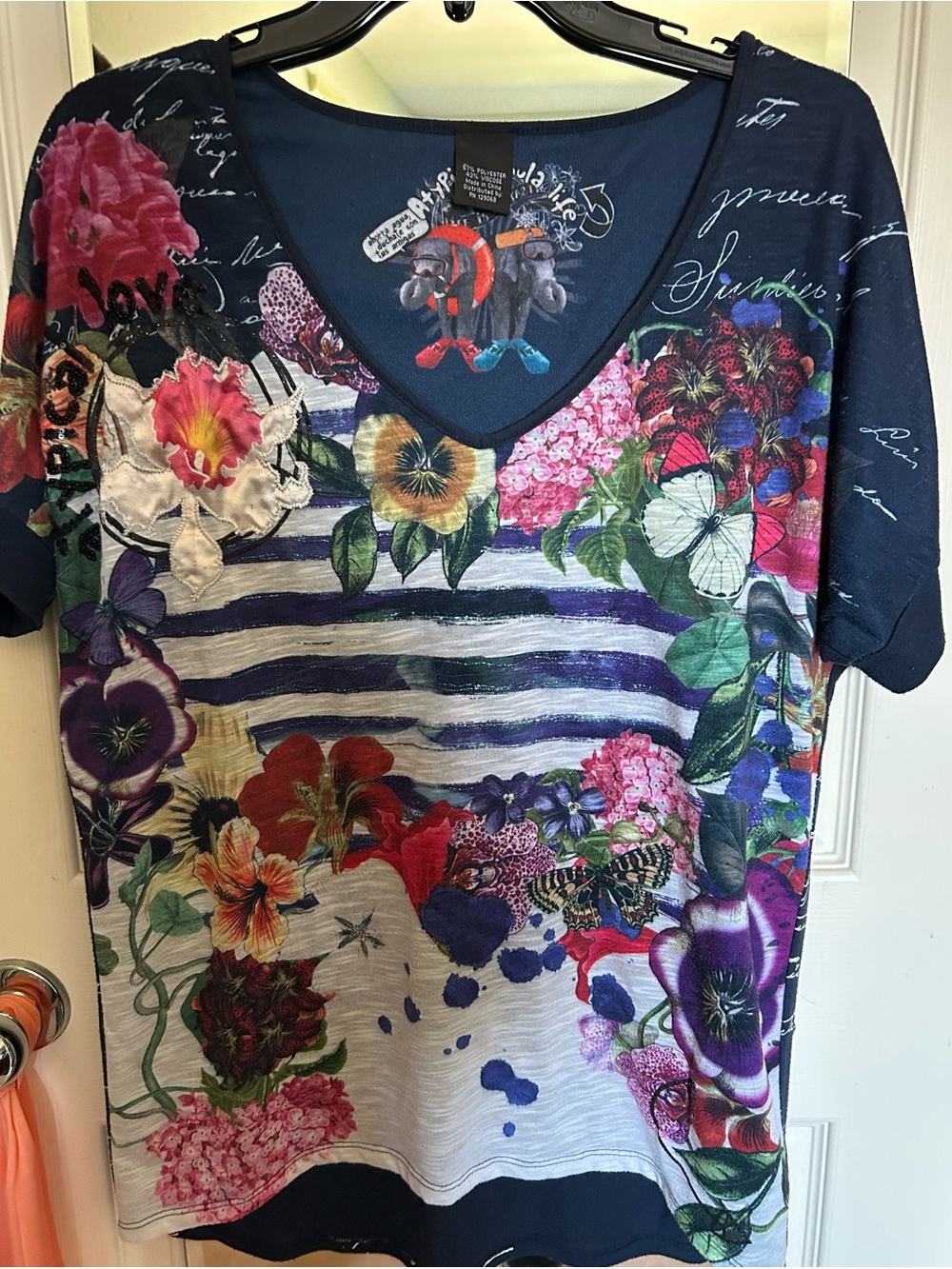 Desigual Navy Multi Floral Striped V-Neck Top
